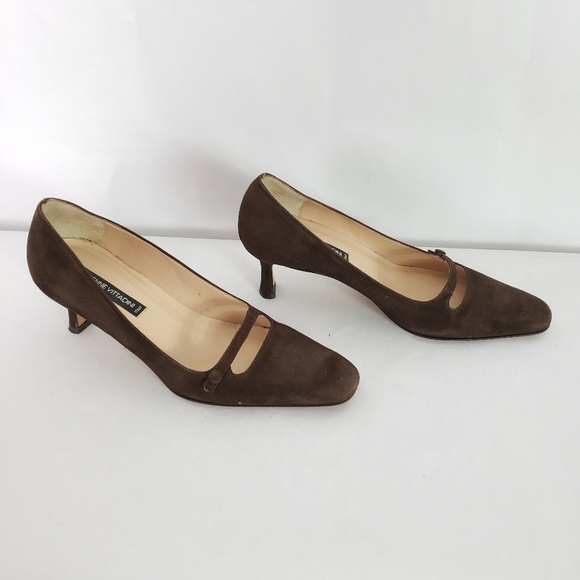 Adrienne Vittadini brown suede Square toe heel dainty button - Picture 4 of 9